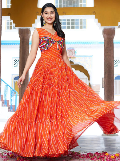 Glamorous Orange Leheriya Print Georgette Traditional Gown